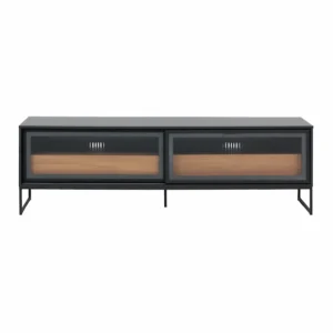 Rack Moderno Preto e Amêndoa com Porta de Vidro Canelado